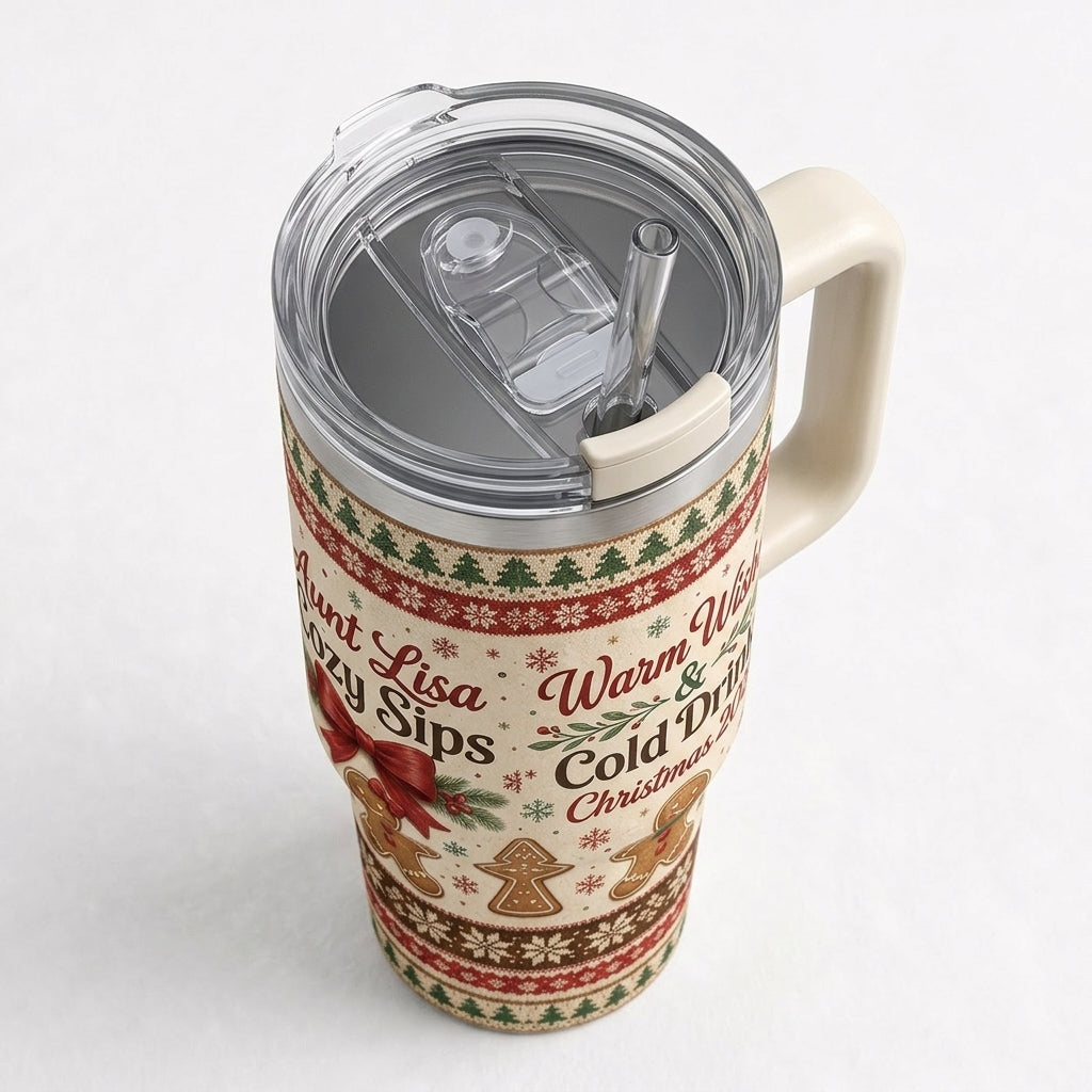 Personalized Christmas Gingerbread 40oz Tumbler with Handle, Custom Name Holiday Gift for Aunt