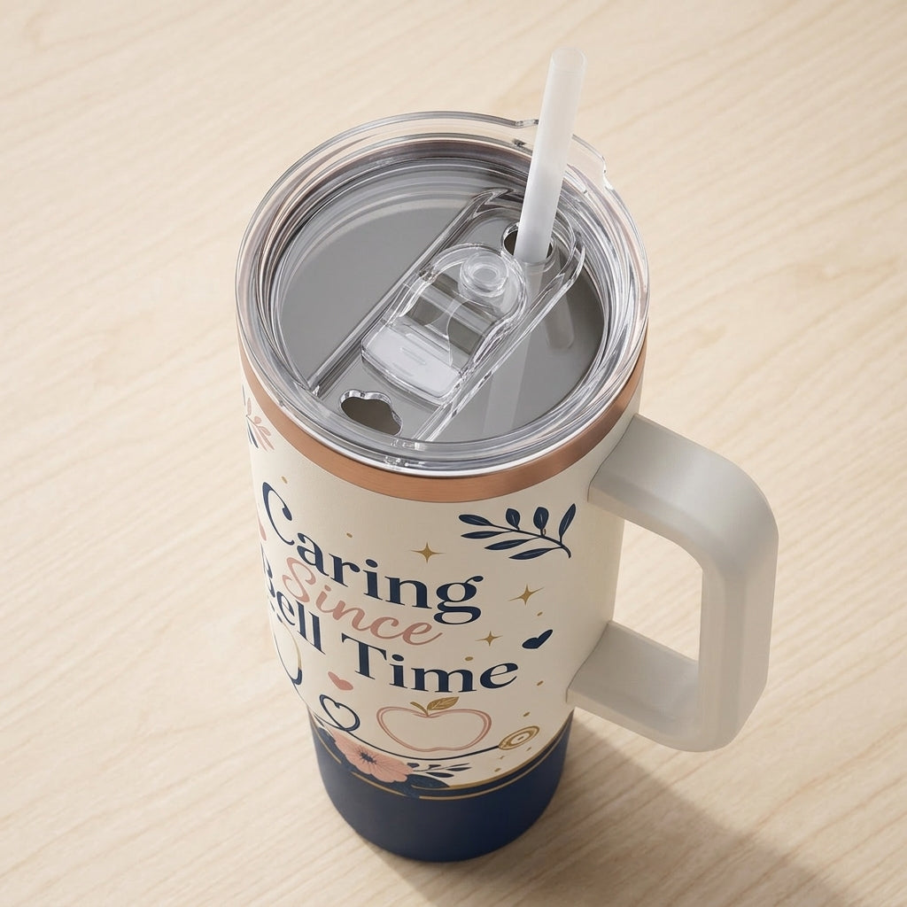 Personalized Nurse 40oz Tumbler with Handle - Custom Name Healthcare Gift - Caring Since Bell Time