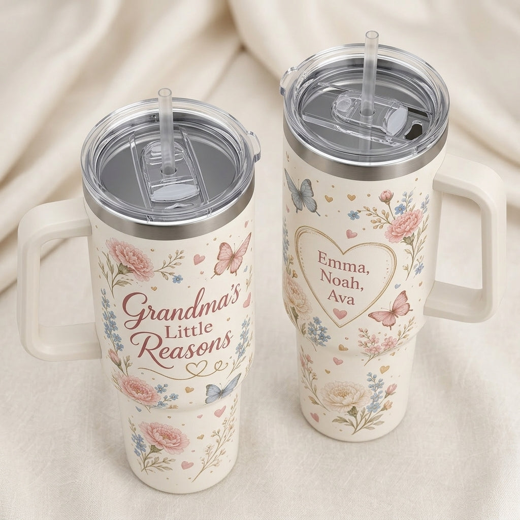 Personalized Grandma's Little Reasons 40oz Tumbler with Handle, Custom Grandkids Names Floral Mug
