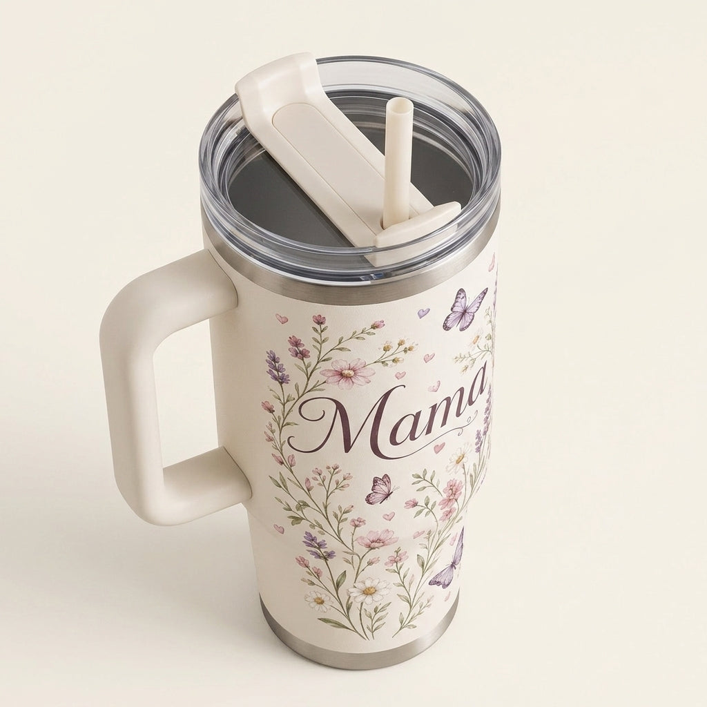 Personalized Mama Floral 40oz Tumbler with Handle - Custom Kids Names & Butterfly Design Gift