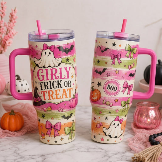 Girly Trick or Treat 40oz Tumbler with Handle - Cute Pink Ghost Halloween Insulated Travel Mug