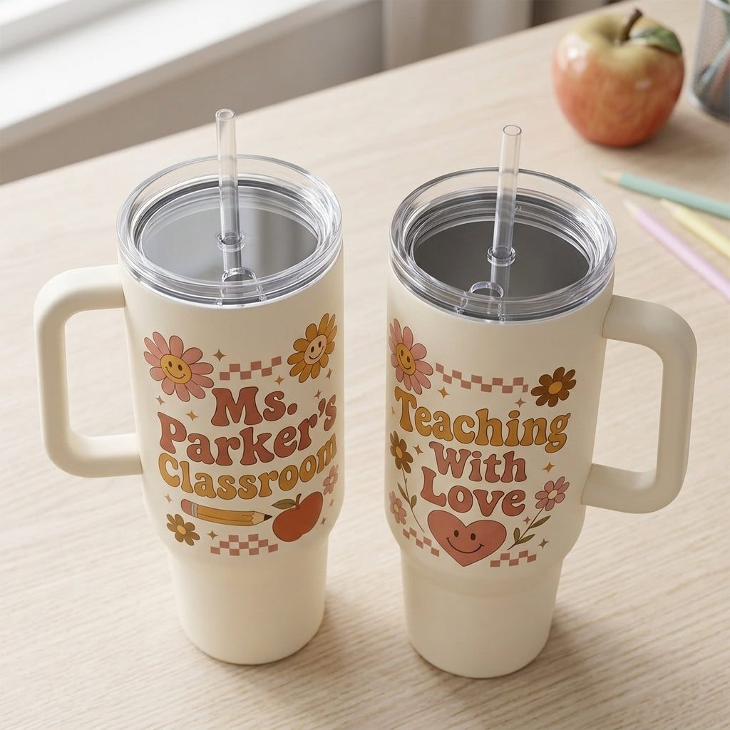 Personalized Groovy Teacher 40oz Tumbler with Handle, Custom Name Classroom Cup, Teaching With Love Retro Design Gift