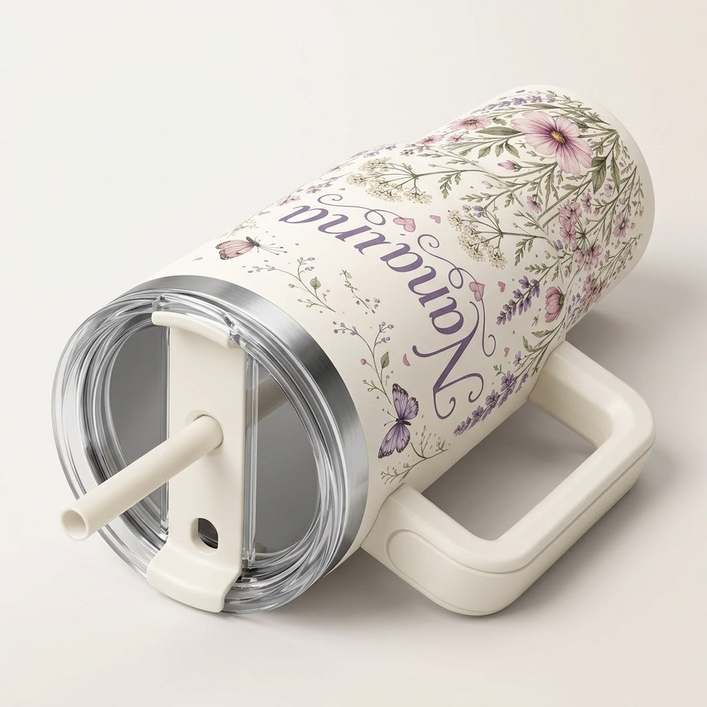 Personalized Nana's Garden 40oz Tumbler with Handle, Custom Grandkids Names Wildflower Butterfly Floral Travel Mug