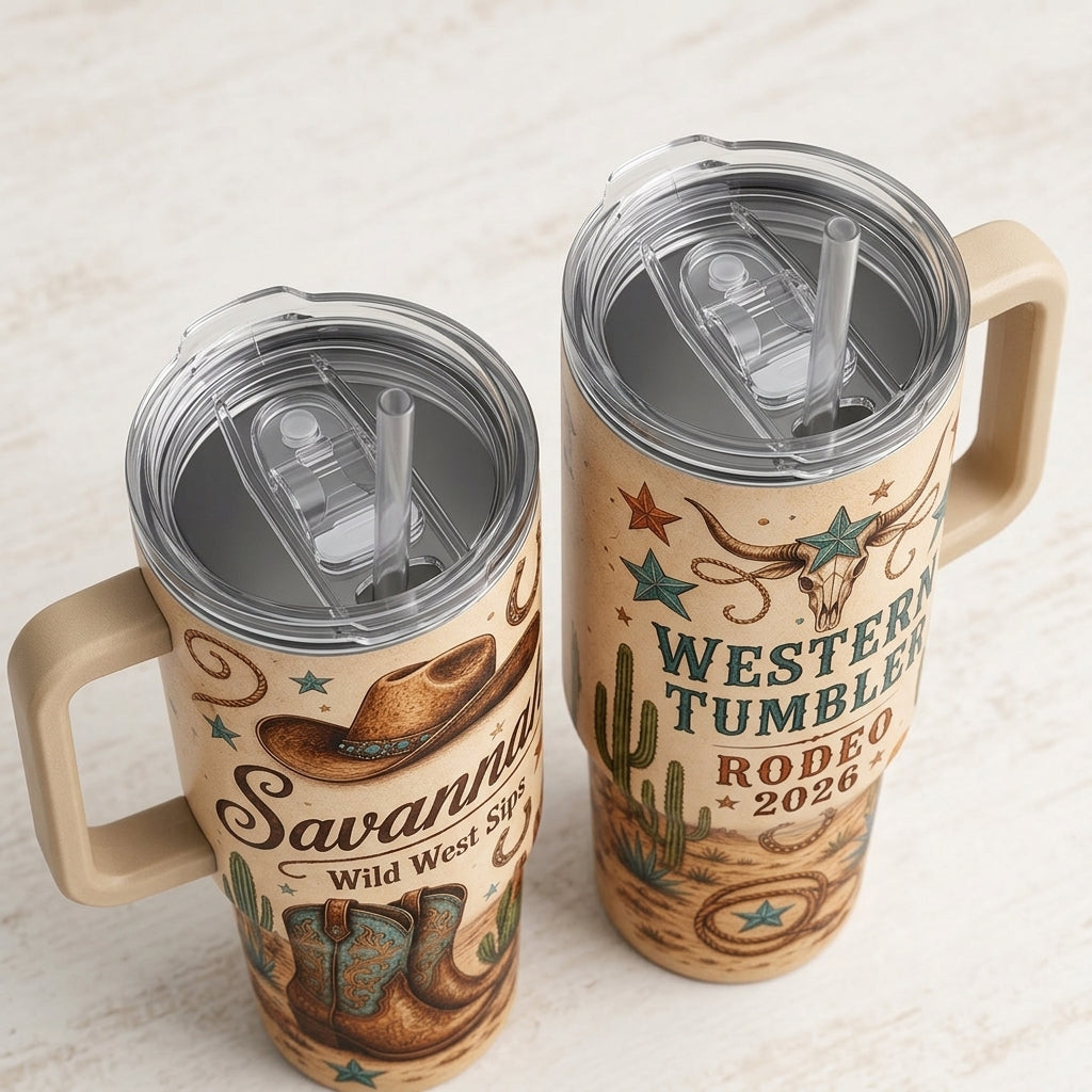 Personalized Western Cowboy 40oz Tumbler with Handle - Custom Name Rodeo Gift