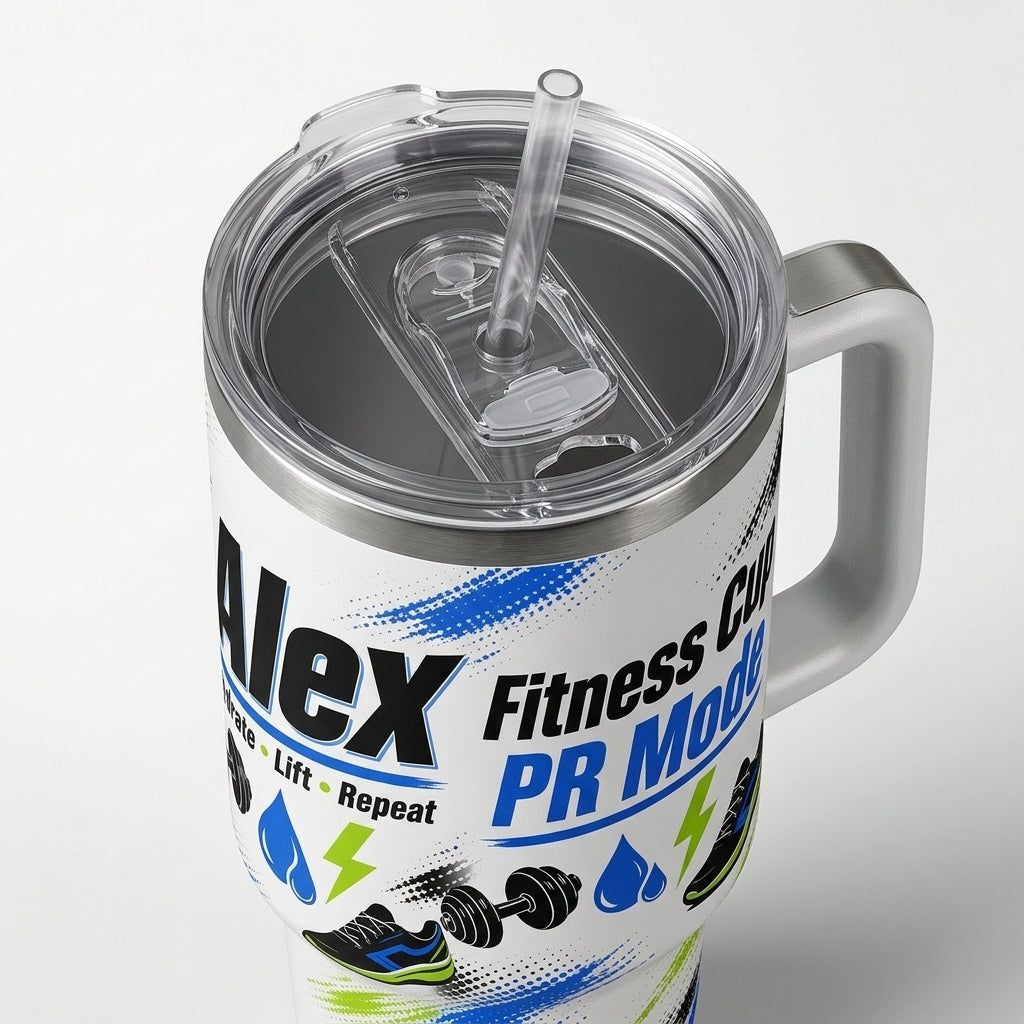 Personalized Fitness Tumbler 40oz with Handle - Custom Name Gym Water Bottle with PR Mode Design