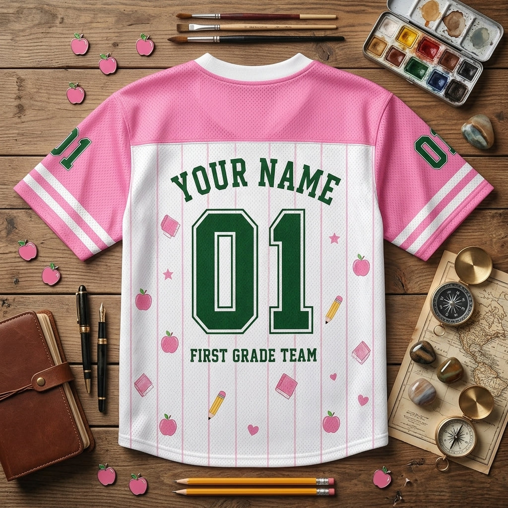 Personalized First Grade Teacher Football Jersey - Custom Name & Number Pink Sporty Mesh Shirt