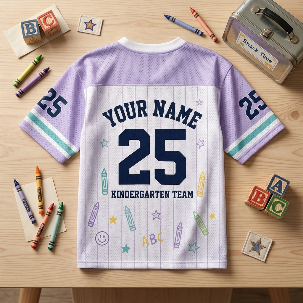 Personalized Kindergarten Kickoff Crew Football Jersey - Custom Teacher Name & Number Mesh Shirt