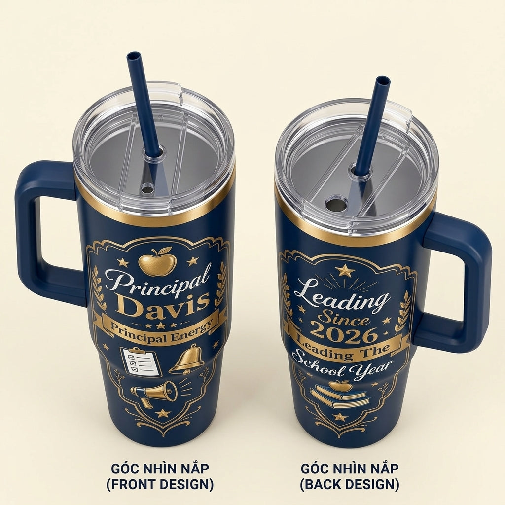 Personalized Principal Gift 40oz Tumbler with Handle - Custom Name School Leader Navy & Gold Travel Mug