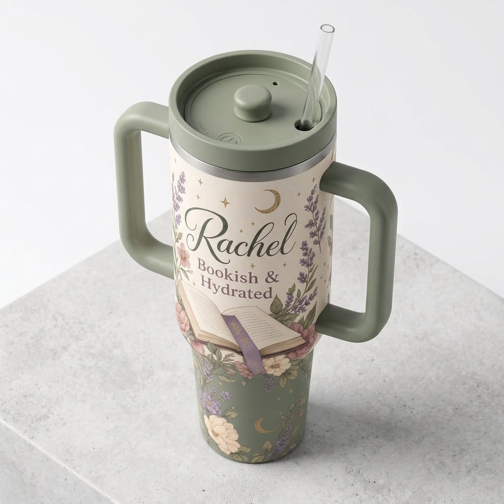 Personalized Bookish and Hydrated 40oz Tumbler with Handle - Custom Name Floral Book Lover Gift