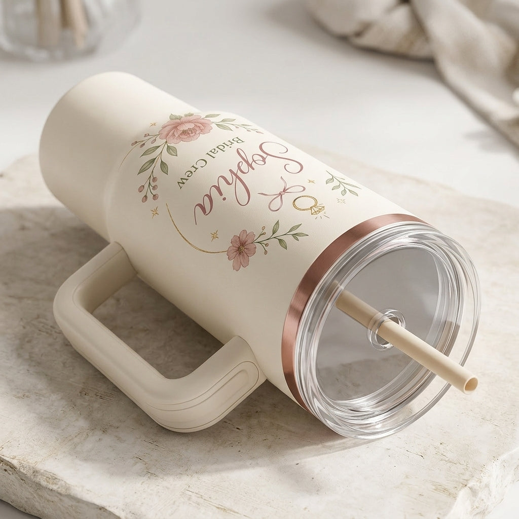 Personalized Bridal Crew 40oz Tumbler with Handle - Custom Maid of Honor Gift with Name and Date - Floral Wedding Mug