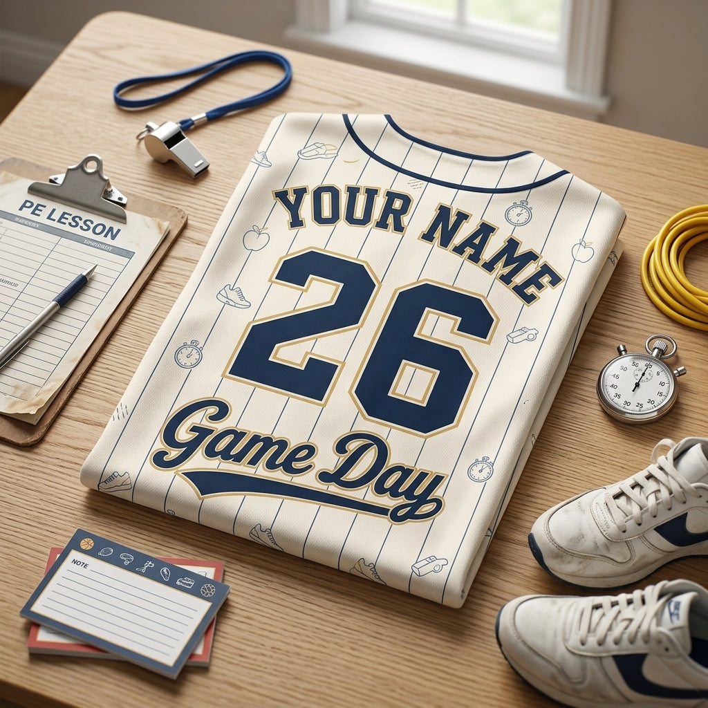 Personalized PE Teacher Baseball Jersey - Custom Name and Number School Spirit Coach Shirt