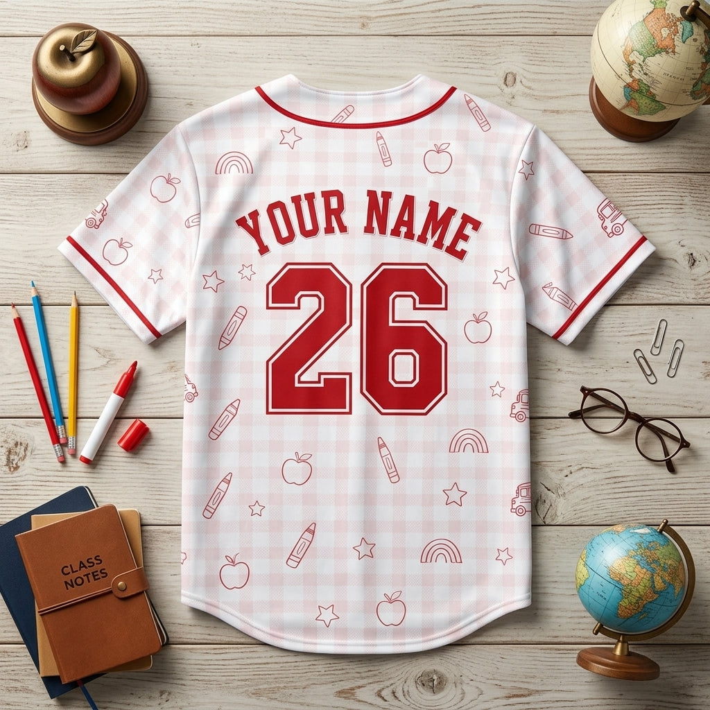 Personalized First Day of School Baseball Jersey - Custom Name & Number Back to School Gingham Shirt for Kids