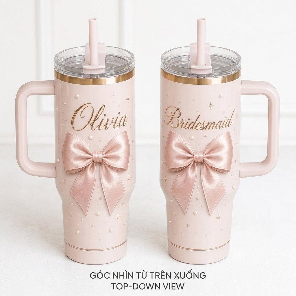 Personalized Coquette Pink Bow 40oz Tumbler with Handle - Custom Bridesmaid Name Gift