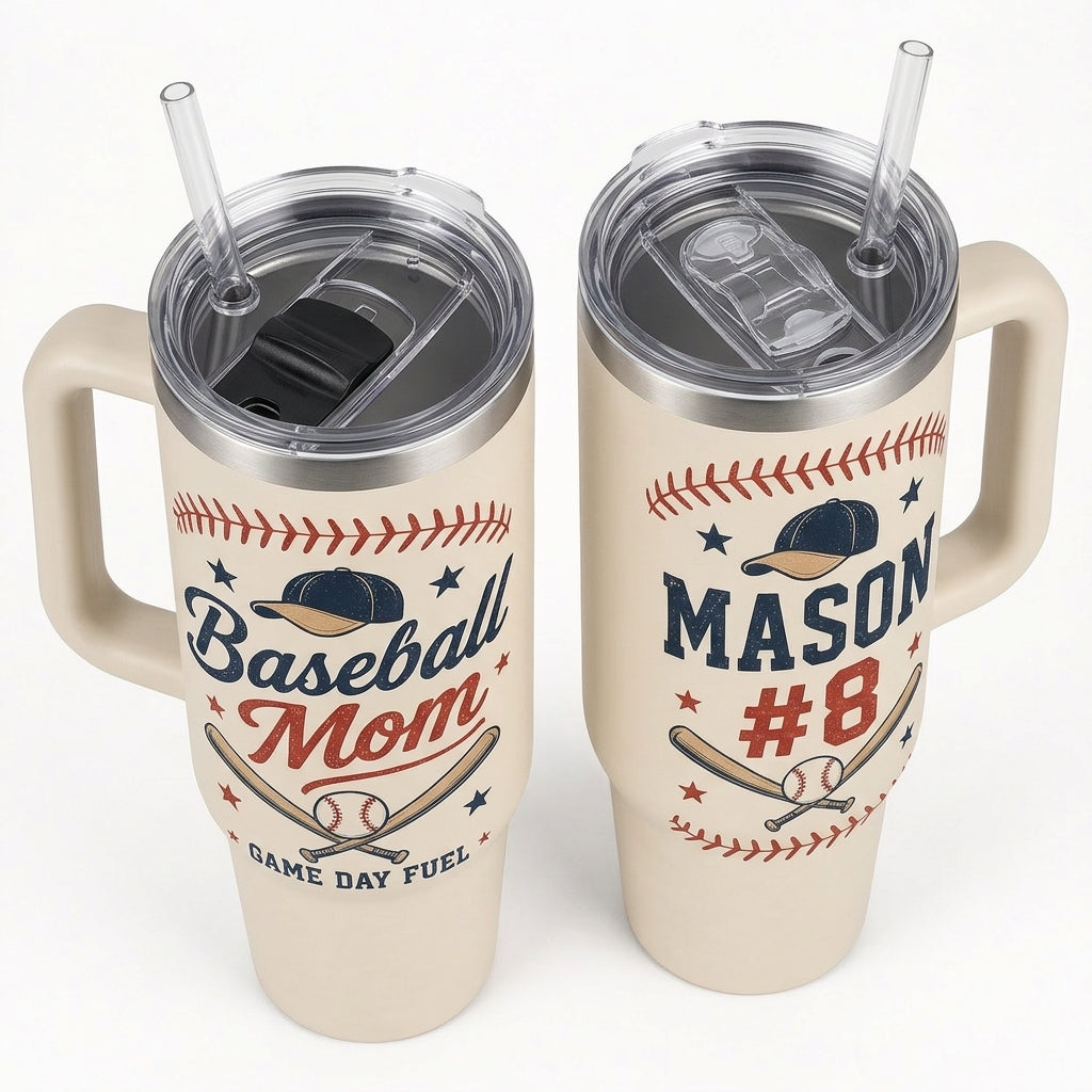 Personalized Baseball Mom 40oz Tumbler with Handle - Custom Name and Number Game Day Fuel Mug