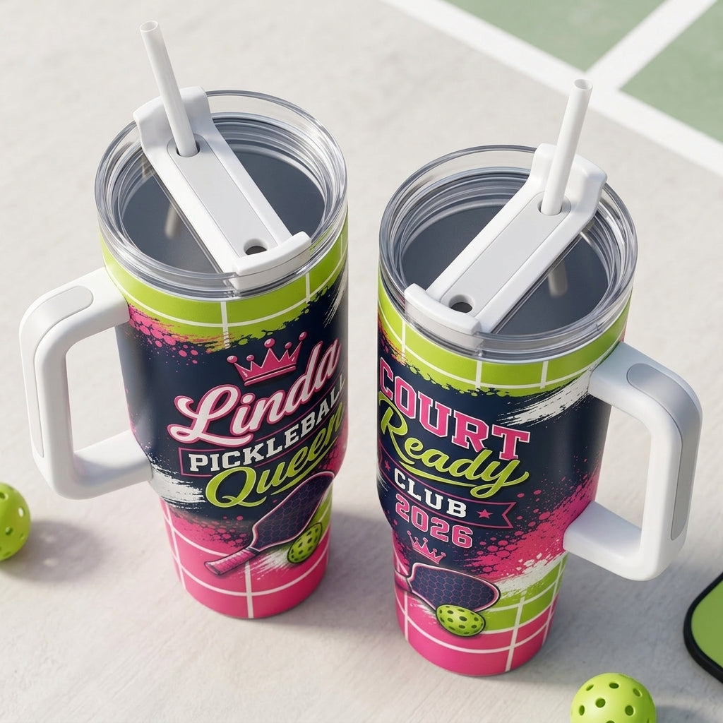 Personalized Pickleball Queen 40oz Tumbler with Handle - Custom Name Court Ready Club Stainless Steel Mug
