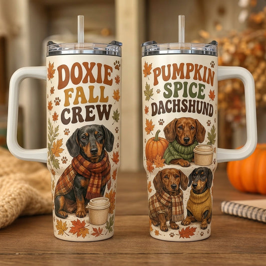 Doxie Fall Crew 40oz Tumbler with Handle, Pumpkin Spice Dachshund Autumn Travel Mug, Gift for Dog Lovers
