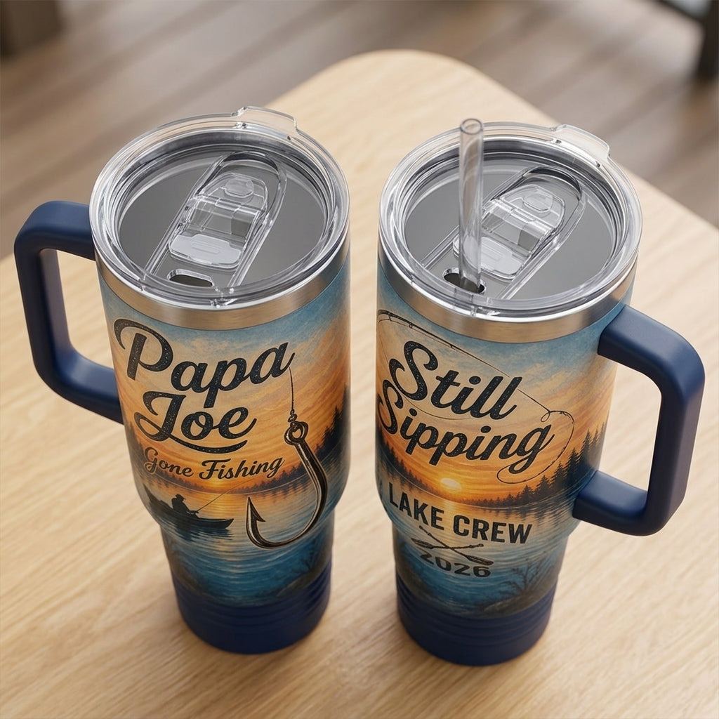 Personalized Fishing 40oz Tumbler with Handle - Custom Name Gone Fishing Lake Crew Gift for Dad and Grandpa