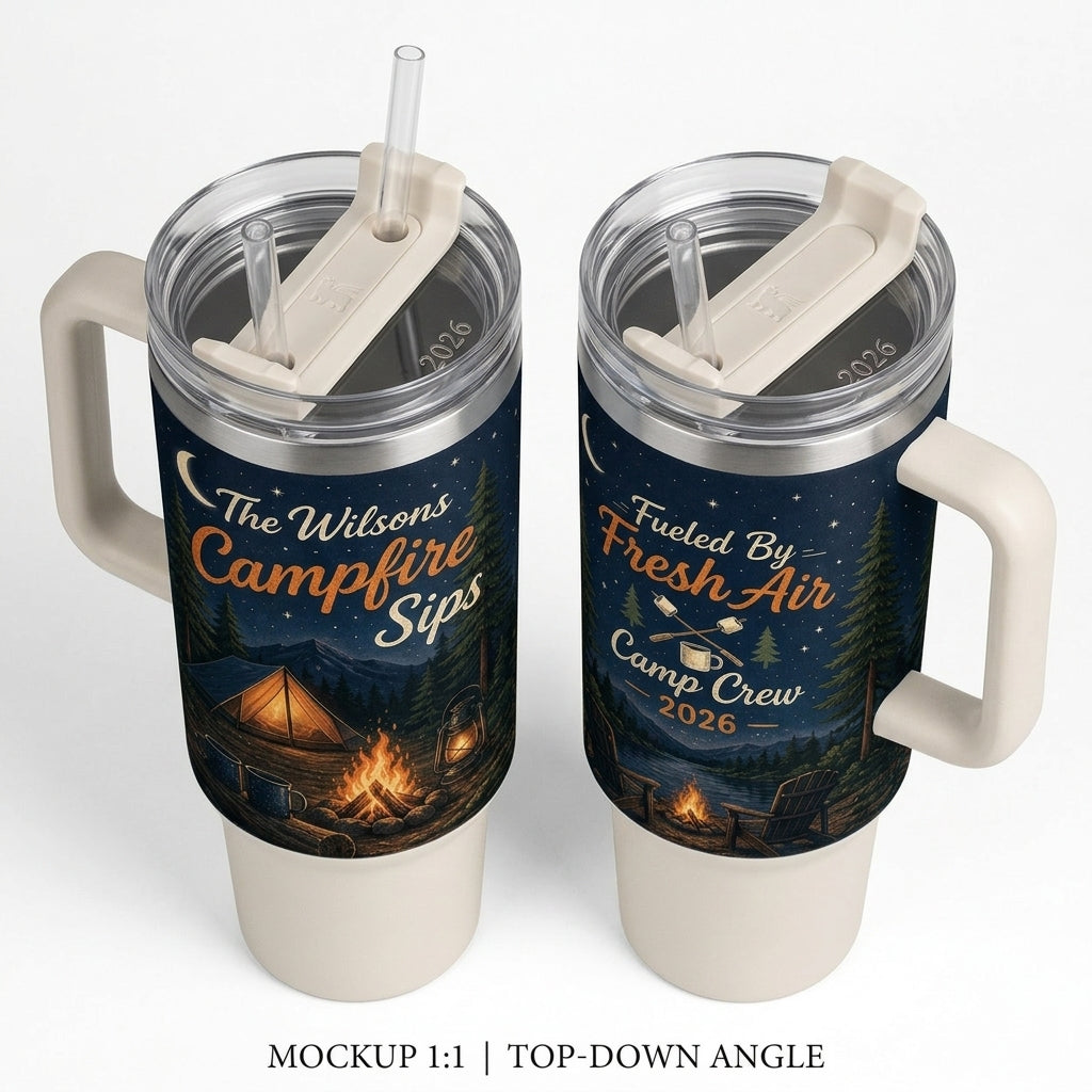 Personalized Campfire Sips 40oz Tumbler with Handle - Custom Family Name Camp Crew Gift