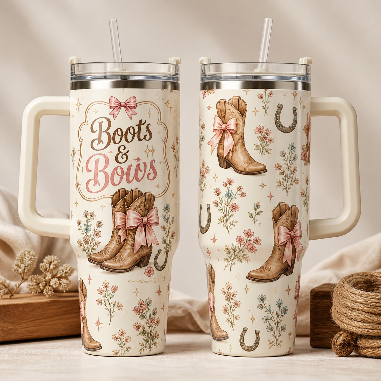 Boots & Bows 40oz Tumbler with Handle - Western Cowgirl Cowboy Boots & Bows Cup