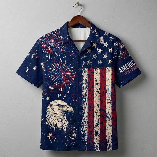 4th of July Hawaiian Shirt Men Patriotic American Flag Shirt Fireworks Eagle Shirt Independence Day Outfit Summer Beach Shirt USA 1776 2026