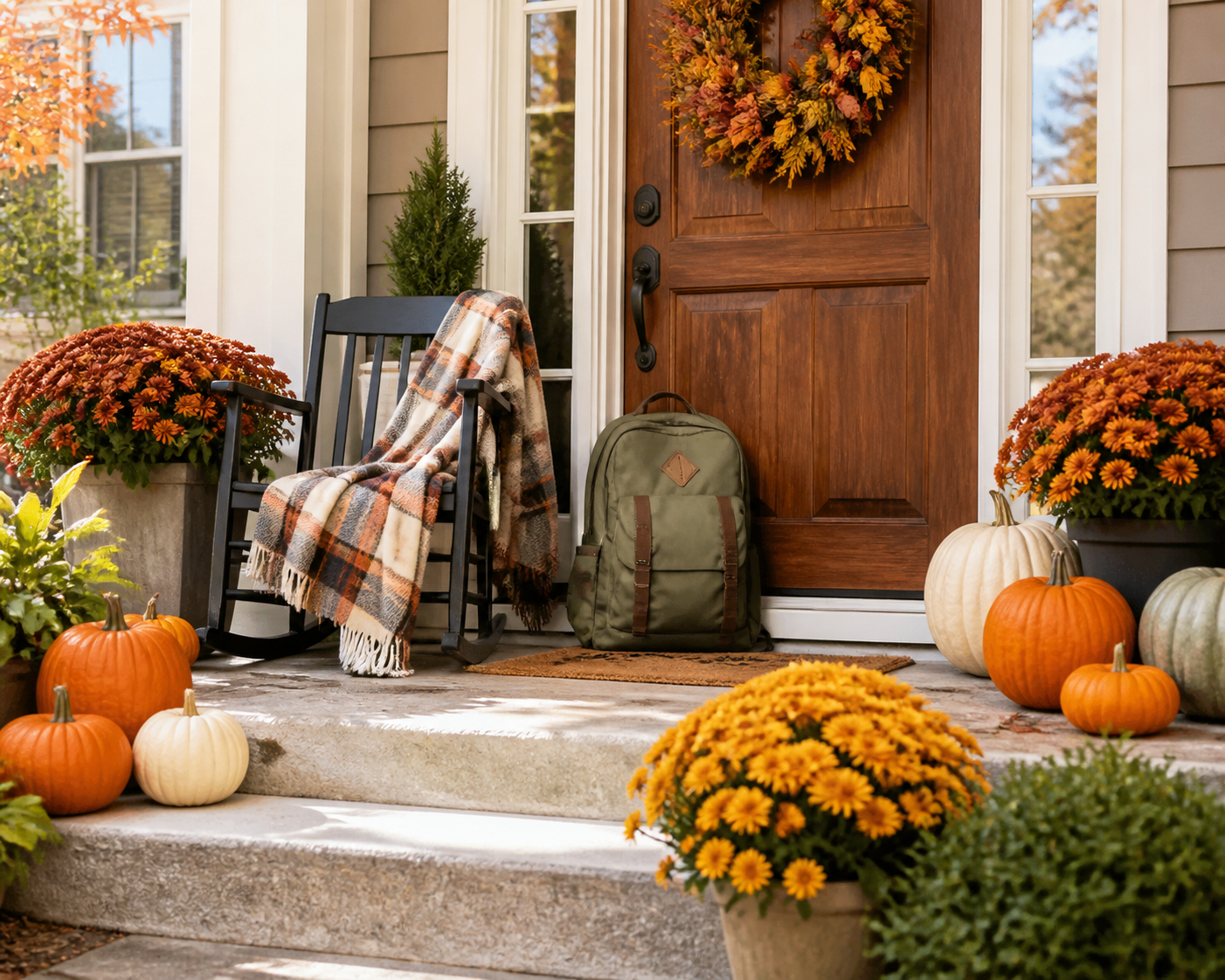 Fall porch and back-to-school seasonal decor
