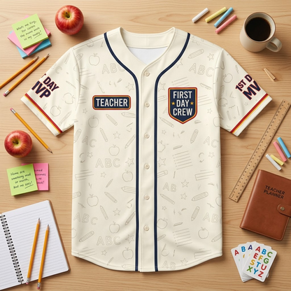 Front flat lay first day teacher baseball jersey mockup