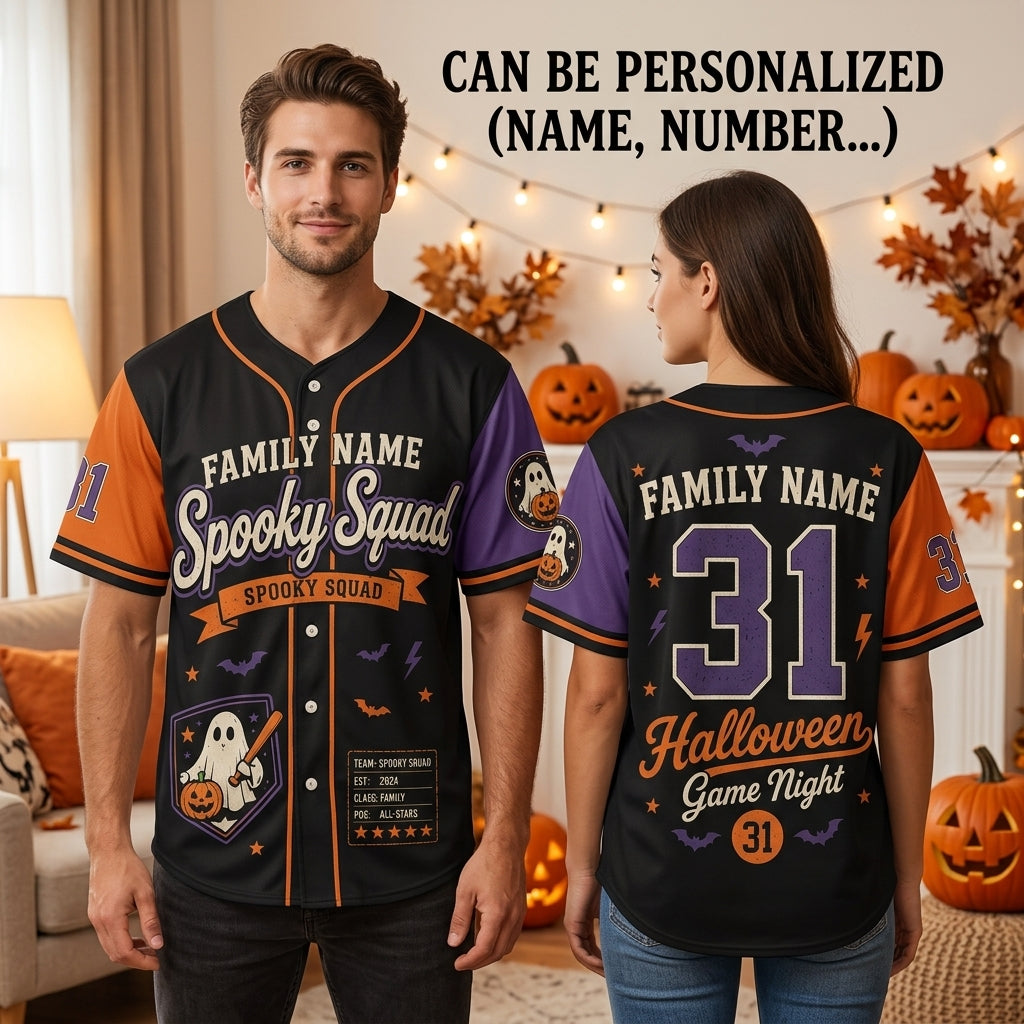 Personalized Spooky Squad Halloween Baseball Jersey - Custom Family Name and Number Ghost Jersey