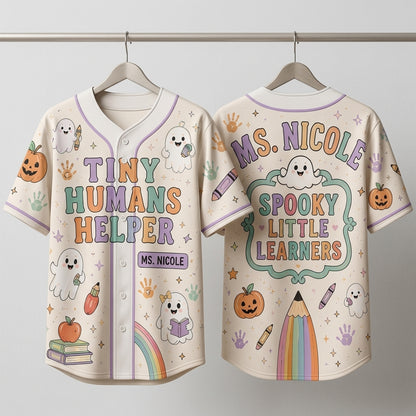 Personalized Tiny Humans Helper Teacher Halloween Baseball Jersey - Custom Name Spooky Little Learners Shirt