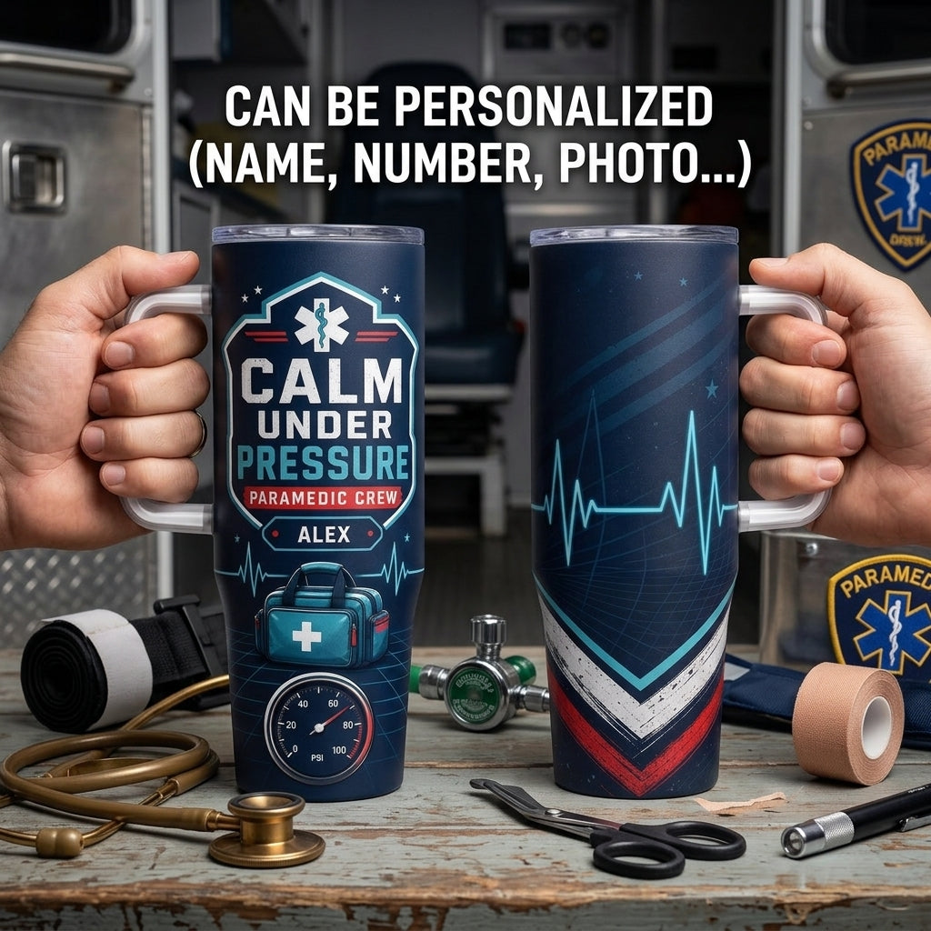 Personalized Paramedic Calm Under Pressure 40oz Tumbler with Handle, Custom Name EMS First Responder Gift