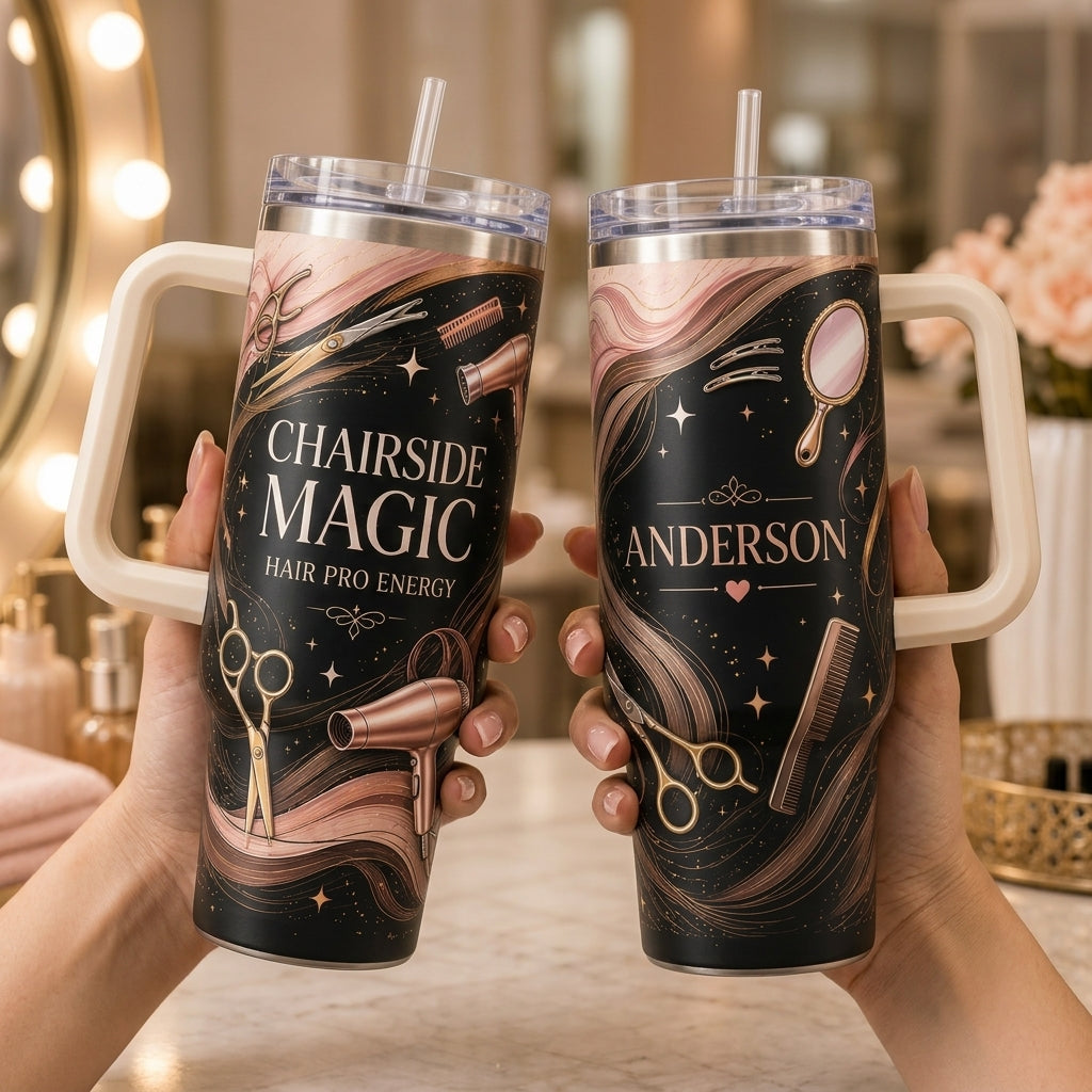 Personalized Chairside Magic Hairdresser 40oz Tumbler with Handle - Custom Name Gift for Stylists & Salon Pros - 40oz tumbler mockup 4