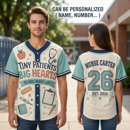 Personalized School Nurse Baseball Jersey - Custom Name & Number - Tiny Patients Big Hearts Pediatric Gift