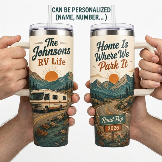 Personalized RV Life 40oz Tumbler with Handle - Custom Name Road Trip Gift for Campers