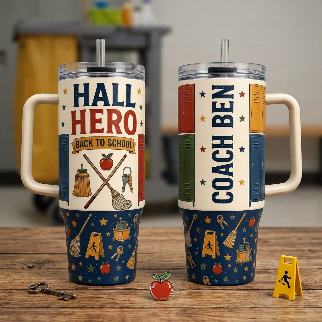 Personalized Hall Hero 40oz Tumbler with Handle, Custom Name School Custodian and Staff Gift