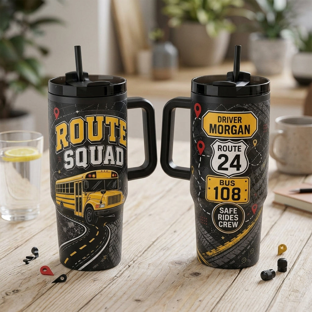 Personalized School Bus Driver 40oz Tumbler with Handle - Custom Route Squad Gift