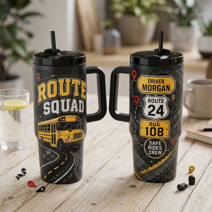 Personalized School Bus Driver 40oz Tumbler with Handle - Custom Route Squad Gift