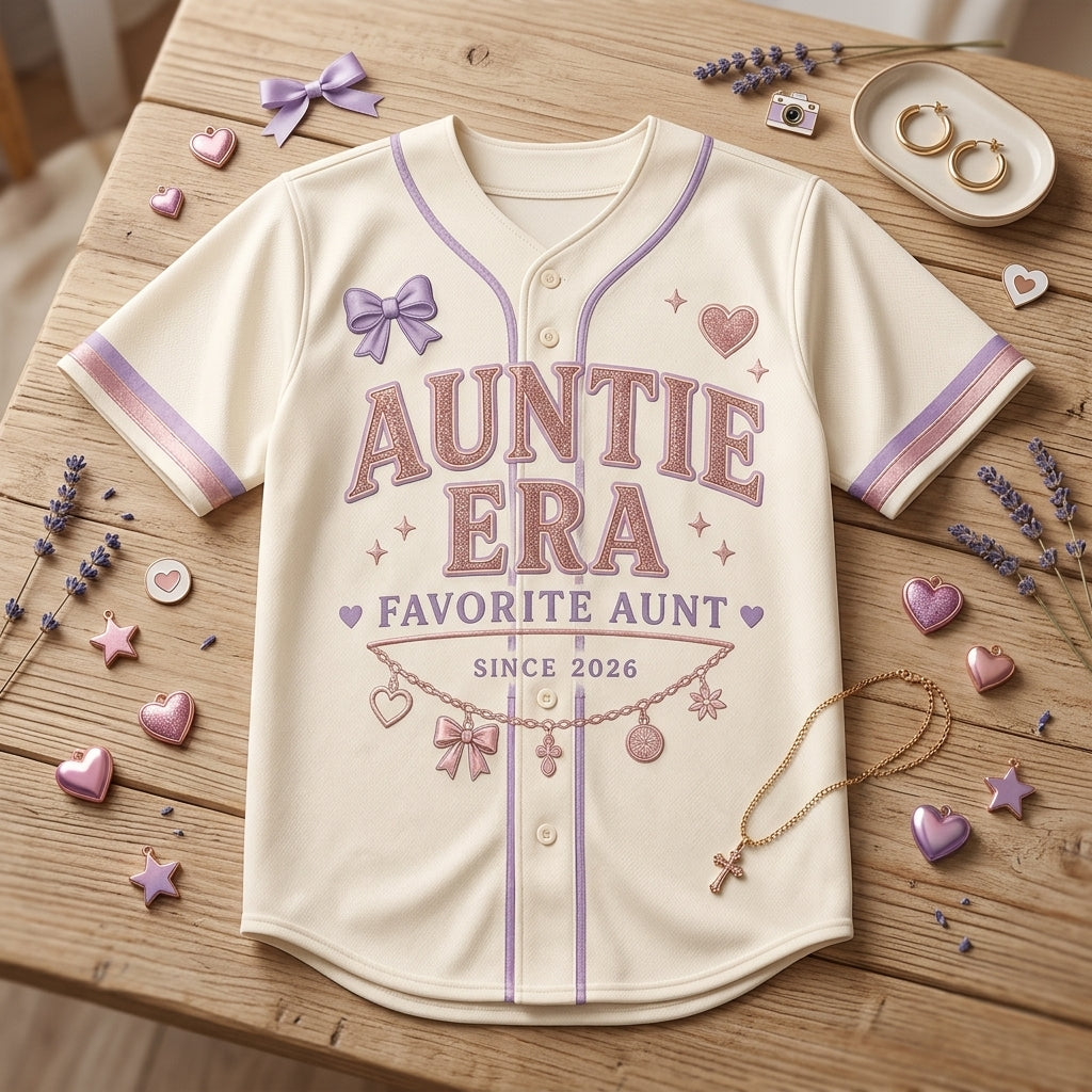 Personalized Auntie Era Baseball Jersey - Custom Favorite Aunt Since Year Shirt - Rose Gold and Lavender Gift
