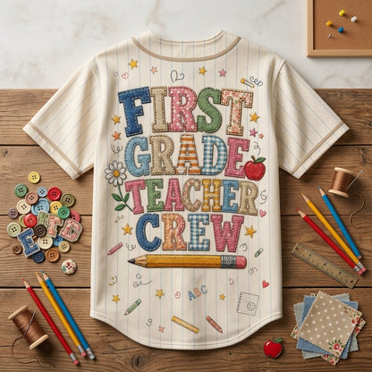 Personalized First Grade Teacher Crew Baseball Jersey - Custom School Spirit Shirt for 1st Grade Educators