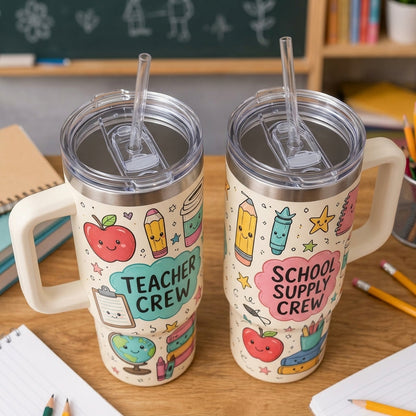 Teacher Crew Personalized 40oz Tumbler with Handle - Cute Kawaii School Supplies Design Gift for Teachers & Educators