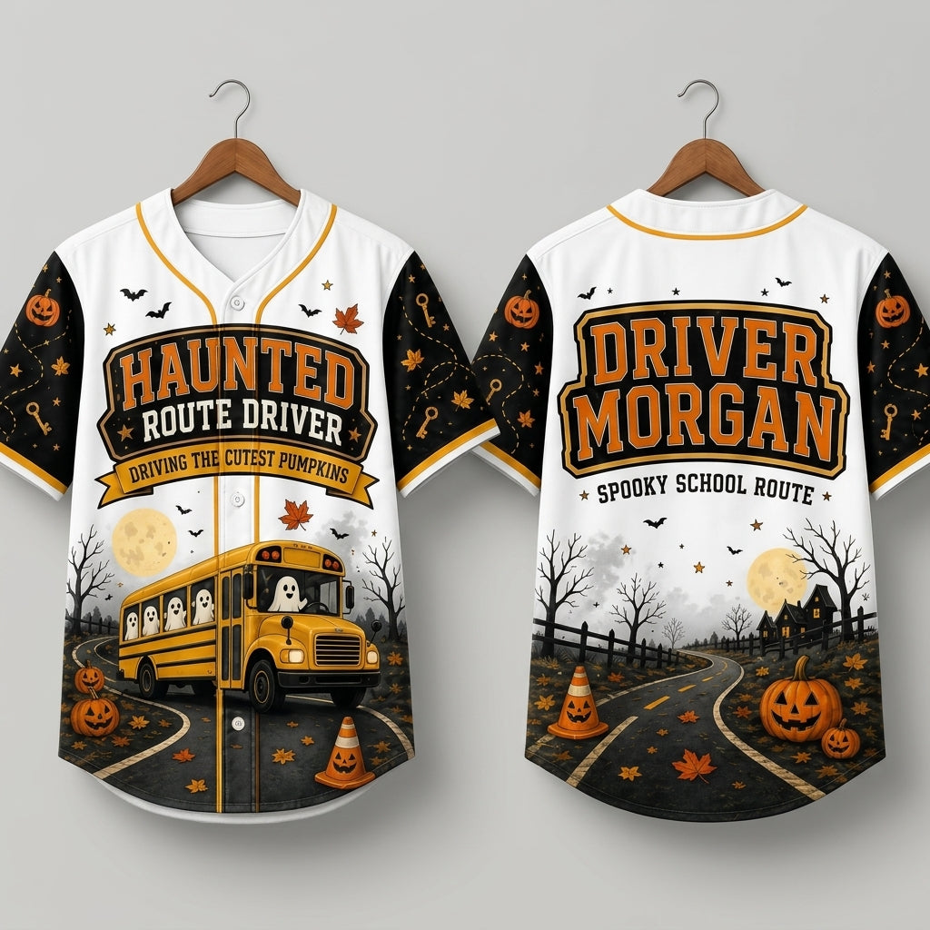 Personalized Haunted Route School Bus Driver Halloween Baseball Jersey - Custom Name Spooky Driver Gift