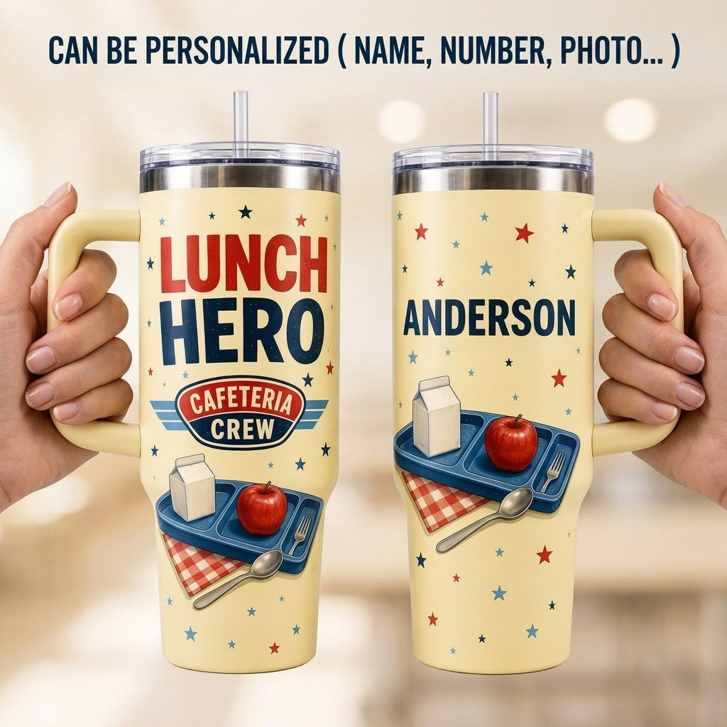 Personalized Lunch Hero Cafeteria Crew 40oz Tumbler with Handle - Custom Name School Staff Gift