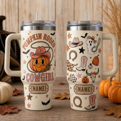 Personalized Pumpkin Rodeo Cowgirl 40oz Tumbler with Handle - Custom Name Western Halloween Gift