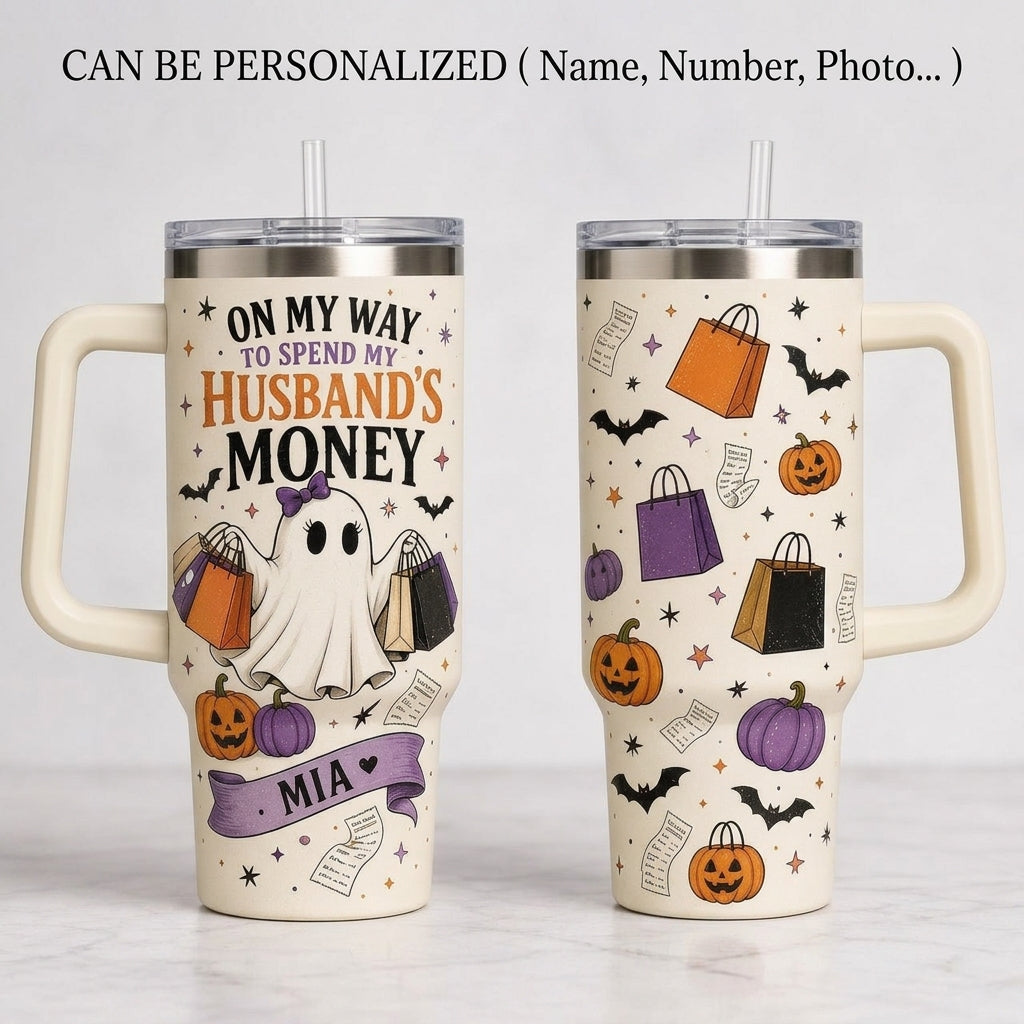 Personalized Spooky Ghost Shopping Tumbler 40oz with Handle - Custom Name Funny Halloween Gift for Wife