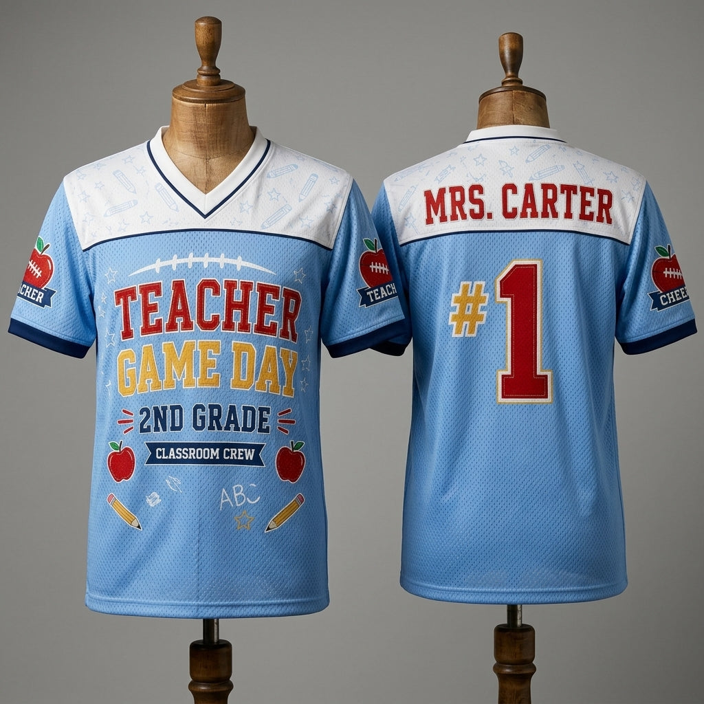 Personalized Teacher Game Day Football Jersey - Custom Name 2nd Grade Classroom Crew Mesh Jersey Shirt