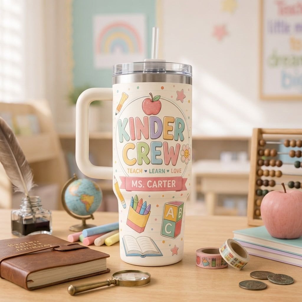 Personalized Kinder Crew 40oz Tumbler with Handle - Custom Kindergarten Teacher Name Gift