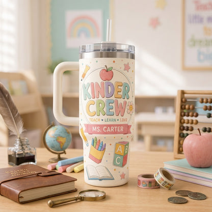Personalized Kinder Crew 40oz Tumbler with Handle - Custom Kindergarten Teacher Name Gift