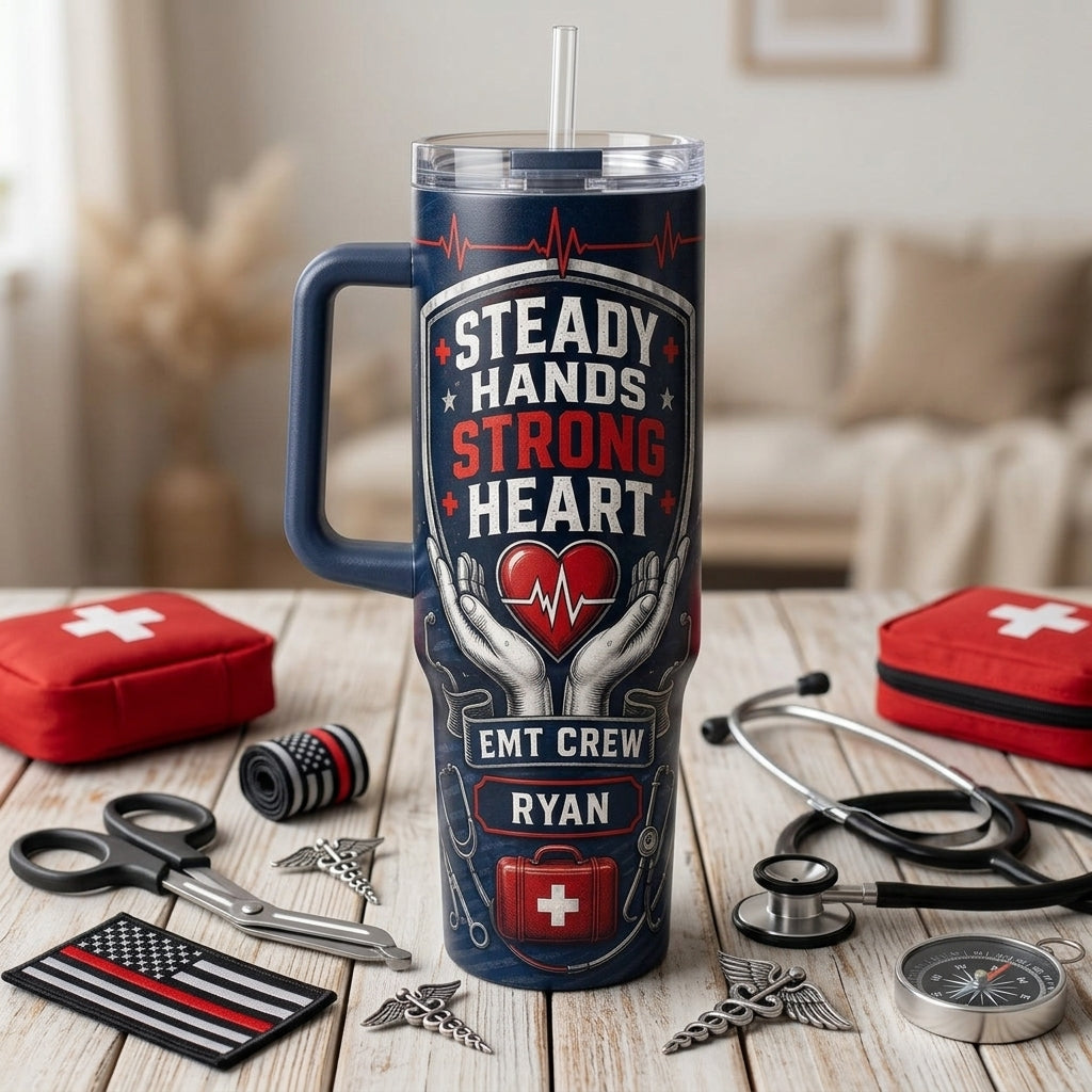 Personalized EMT Crew 40oz Tumbler with Handle - Steady Hands Strong Heart Custom Name Gift for Paramedics