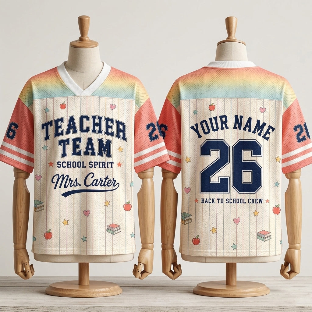 Personalized Teacher Team Football Jersey - Custom Name & Number Back to School Spirit Mesh Shirt