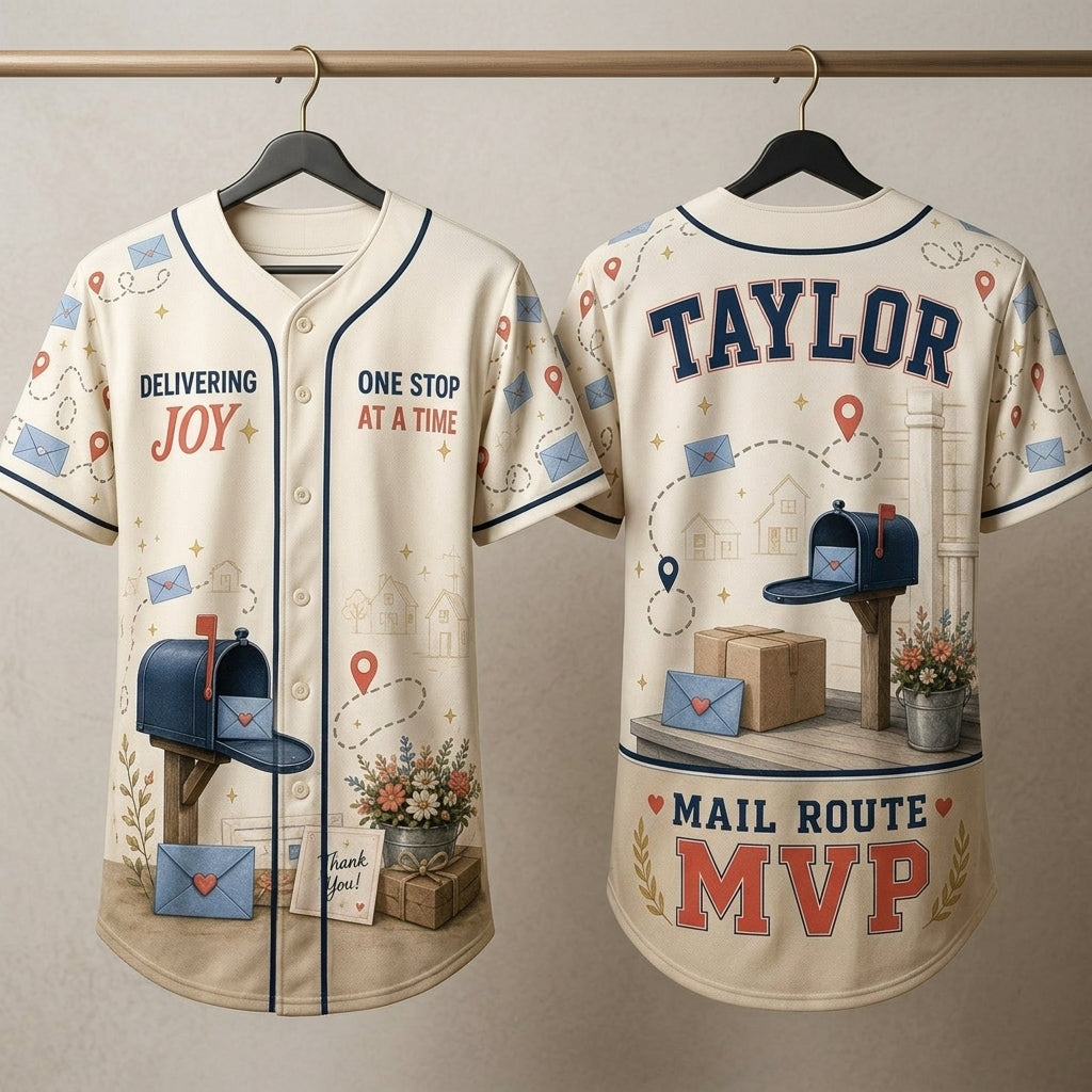 Personalized Mail Route MVP Baseball Jersey - Custom Name Postal Worker Gift, Delivering Joy All-Over Print Jersey