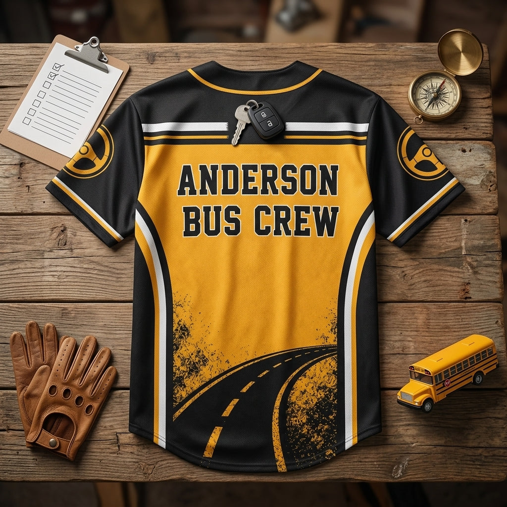 Personalized School Bus Driver Baseball Jersey - Custom Name Route Hero Yellow & Black Athletic Shirt - baseball jersey product view 5