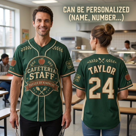 Personalized Cafeteria Staff Baseball Jersey - Custom Name & Number Fueled by Kindness School Uniform